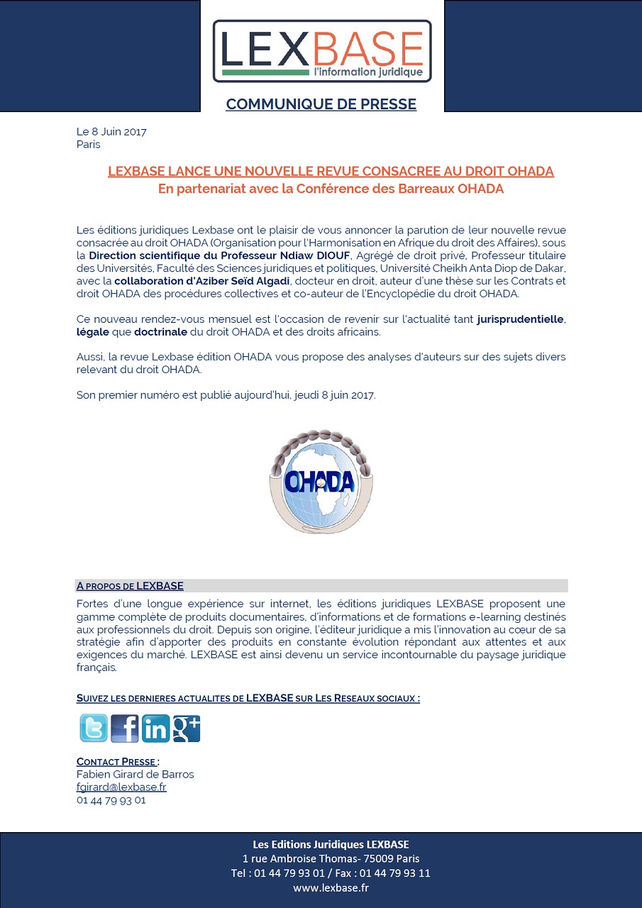 Actualite Lancement D Une Nouvelle Revue Consacree Au Droit Ohada Aux Editions Lexbase